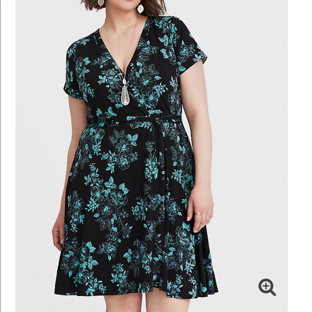 Black and teal floral faux wrap dress